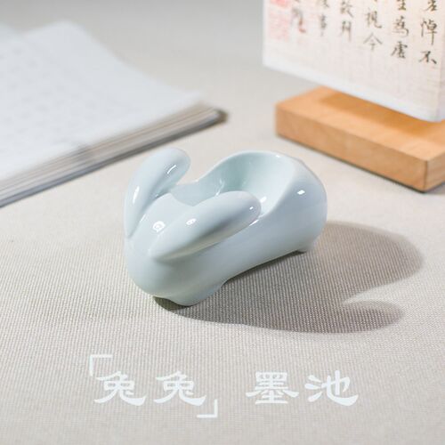 陶瓷多子四功能墨碟创意可爱动物毛笔笔搁笔舔文房兔宝盛墨汁墨池