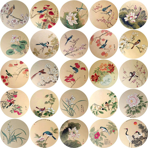 初学花工笔画团扇白描底稿24幅国画者鸟宫扇临摹线稿图样打印底稿