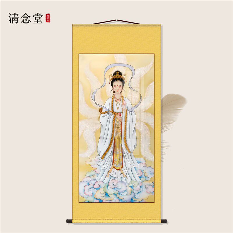 九尾狐画像白色天狐狸胡家东北出马客厅堂口家用供奉丝绸轴挂卷画