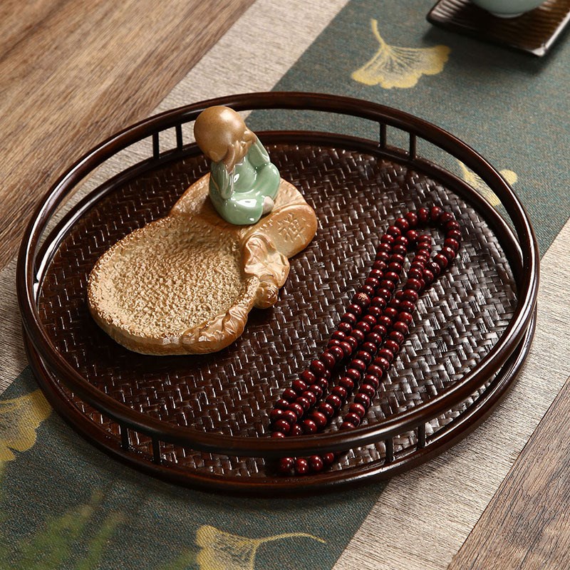 竹编茶盘家用圆形茶台日式竹制托盘干泡台端奉茶盘复古茶具收纳盘