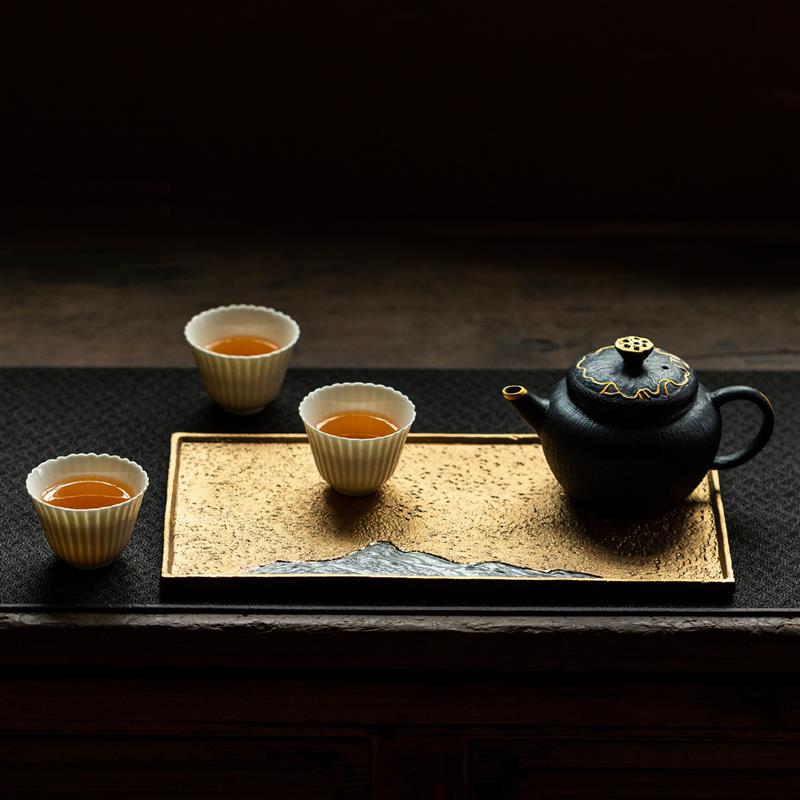 文创功夫陶瓷干泡茶盘家用办公室复古长方形手绘金山茶台托盘茶具