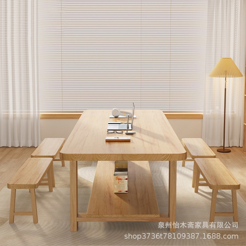 简约实木办公桌会议培训桌家用客厅D接待泡茶原木大板隔层置物饭