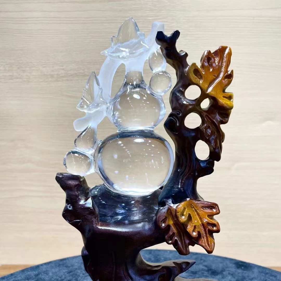 天然白水晶精雕葫芦摆件(福禄 全家福葫芦水晶葫芦原石摆件