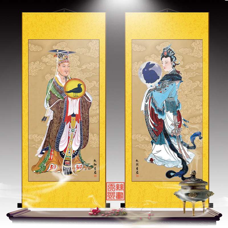 包君太阳公太阴娘娘月神 供奉神像家居装饰 丝绸画轴挂卷 星邮