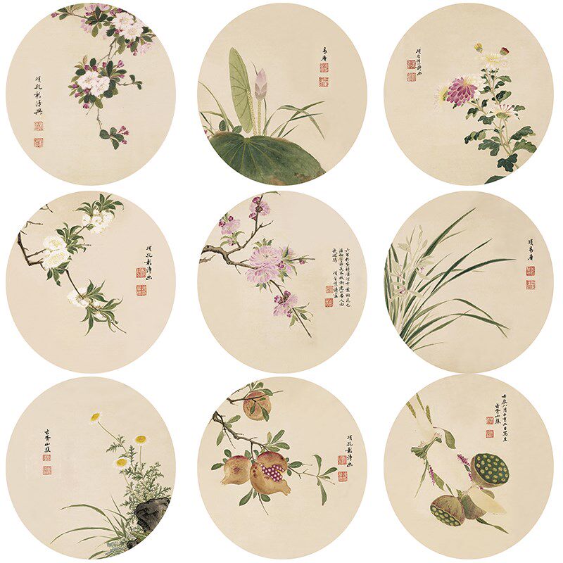 石形布画蓬卉项圣谟莲花梅花菊花圆榴花客厅茶室餐厅挂画无痕壁画