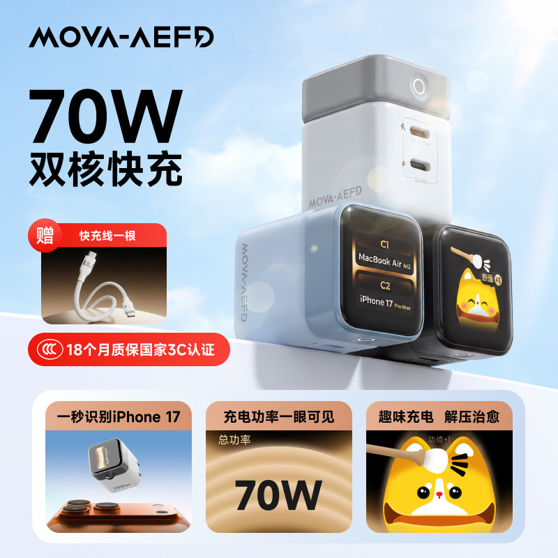 MOVA灵动Ultra70W双核快充氮化镓充电器快充插头带屏幕3C认证便携折叠插脚
