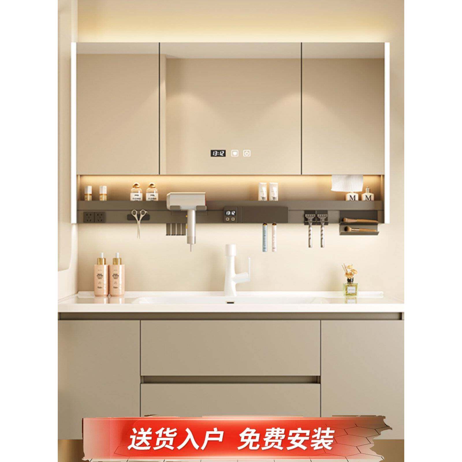 新款奶油风浴室柜洗手卫生间陶瓷一体洗漱台洗脸盆侧边马桶柜组合
