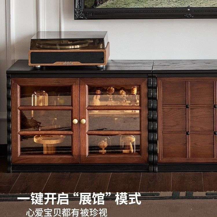 实木法式复古电视柜客厅靠墙储物柜中古风落地柜组合柜棋盘格柜子