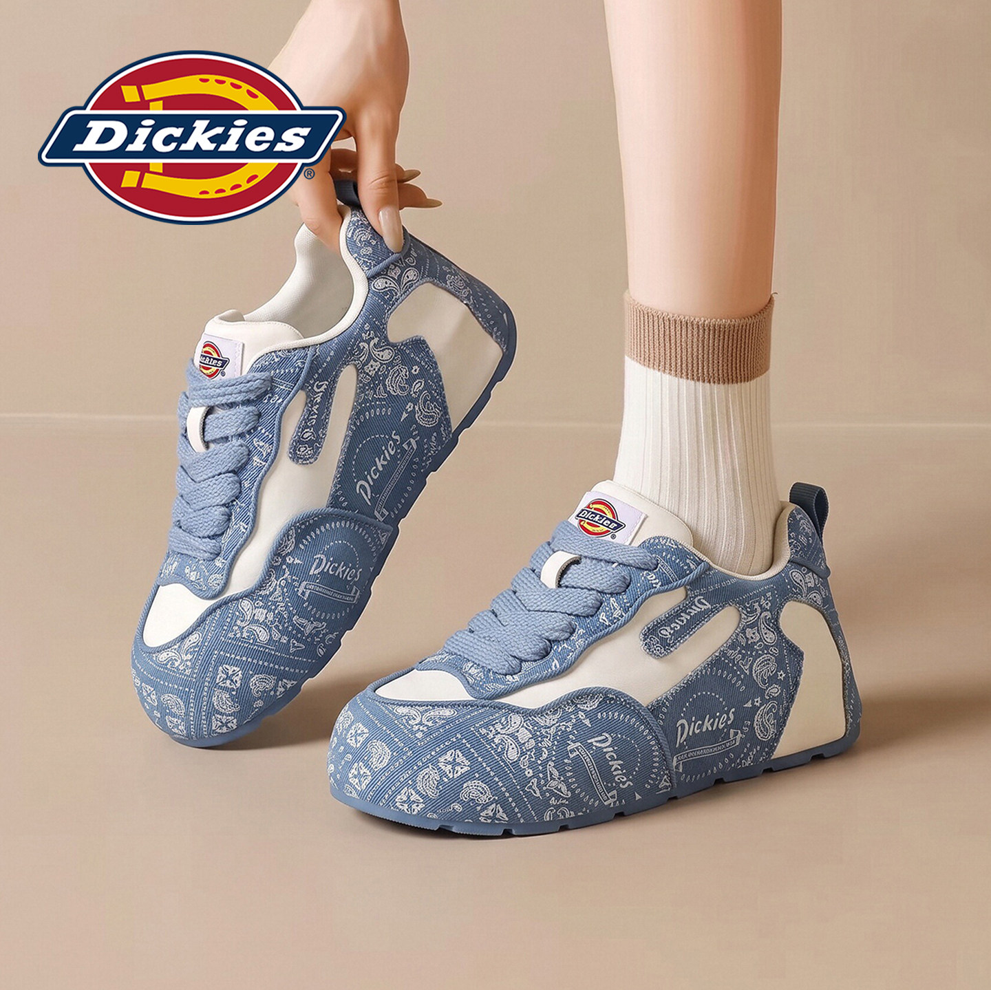 Dickies复古印花休闲德训鞋板鞋女小个子松糕厚底防滑增高小白鞋