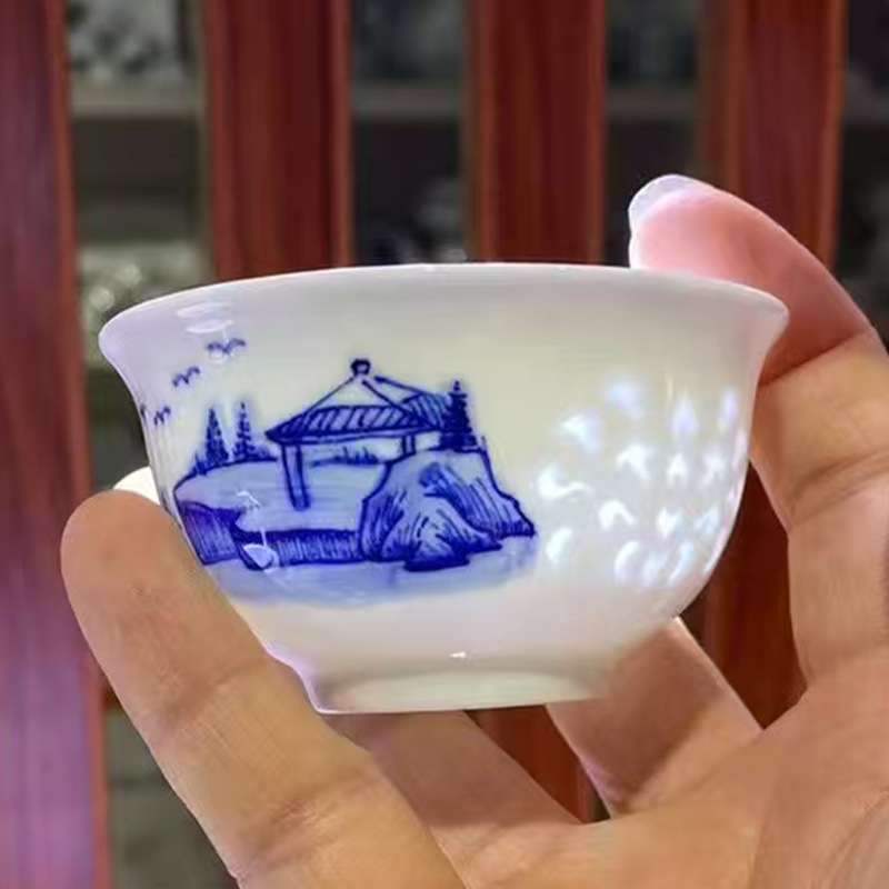 景德镇高白泥陶瓷手绘陶瓷青花玲珑商务茶杯老板办公杯山水逢源