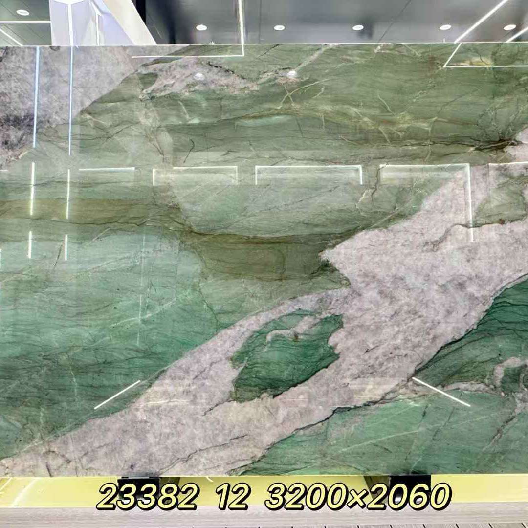 蒂夫尼绿色大理石圆桌转盘天然奢石餐桌茶几异形石材台面