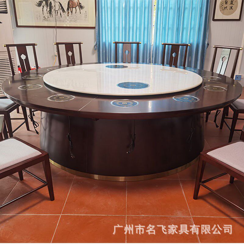 餐厅电动圆桌酒店2米电动大圆台桌中式火锅店食堂实木餐桌椅组合