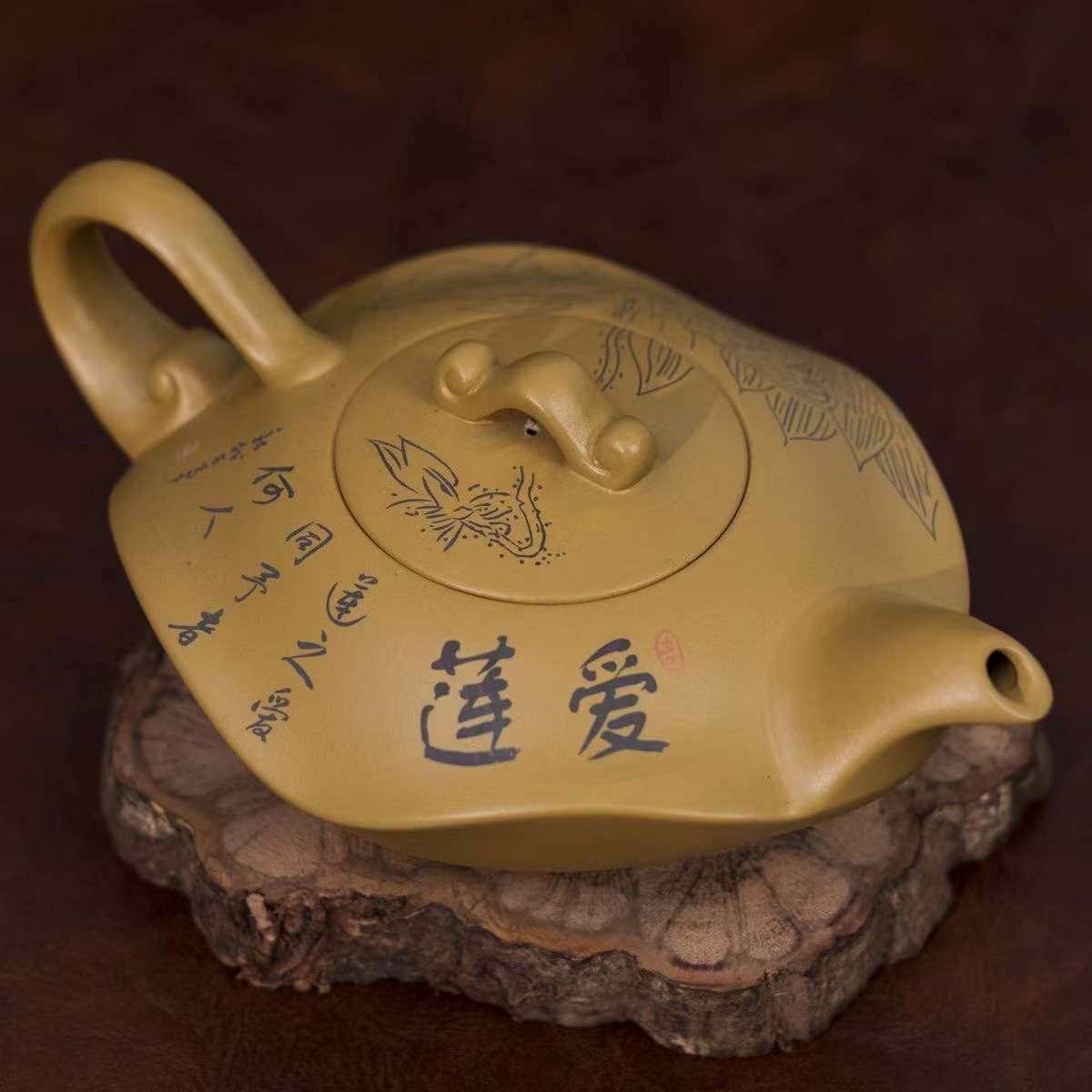大容量原矿手工紫砂壶泡茶壶 刻绘泡茶壶凤鸣壶 黄泥爱莲说荷叶壶