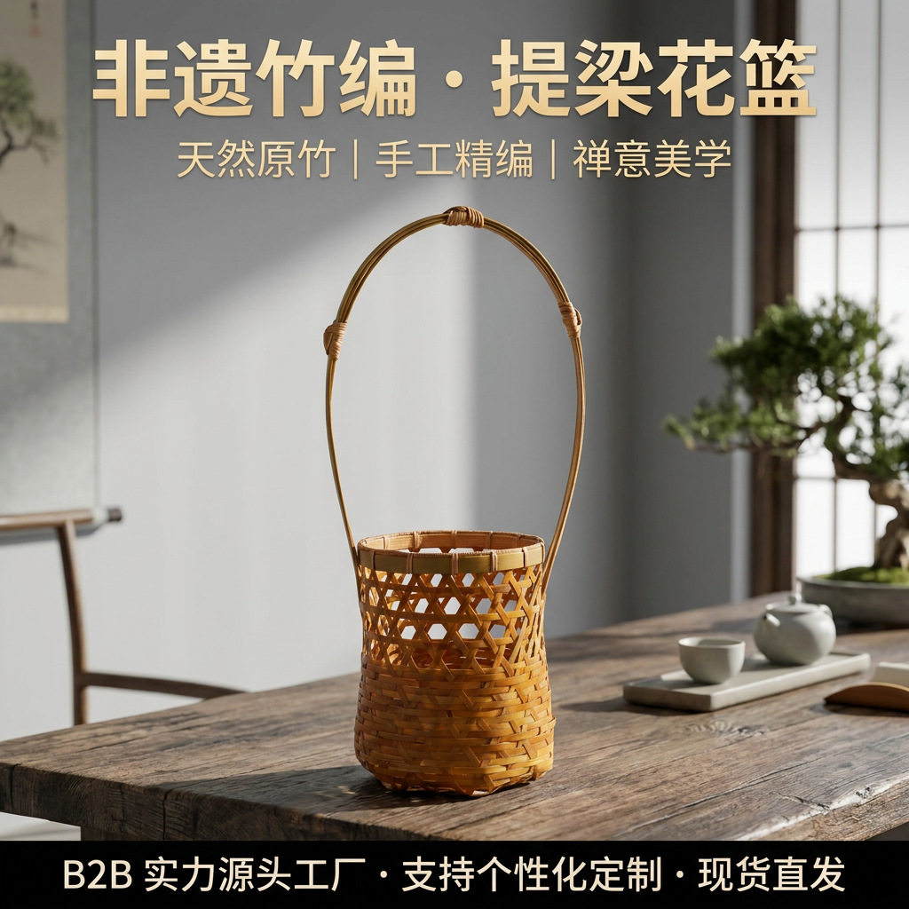 大漆竹编提篮创意六格镂空花器新中式茶室桌面摆件厂价直销