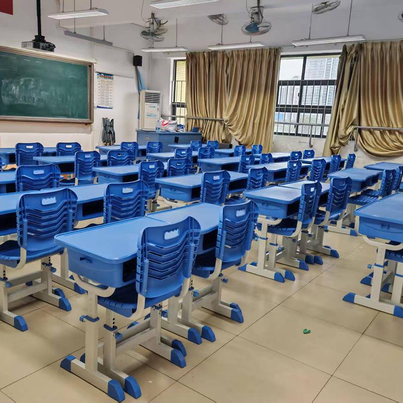 供应蓝色课桌椅可升降学习桌椅单人套装塑料桌椅中小学生桌椅
