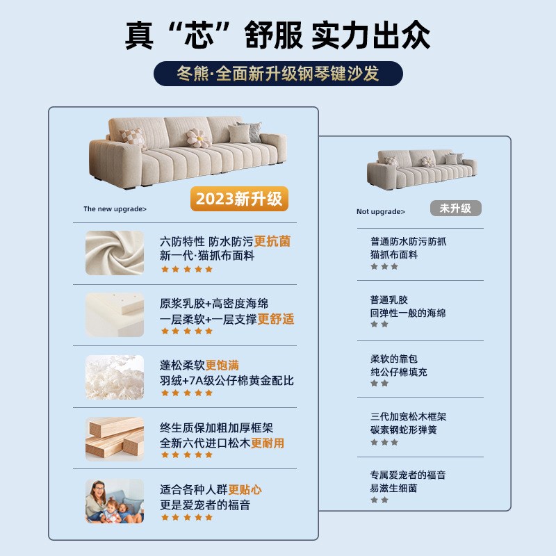 奶油风乳胶布艺沙发客厅钢琴键三人位轻奢小N户型豆腐块科技布沙