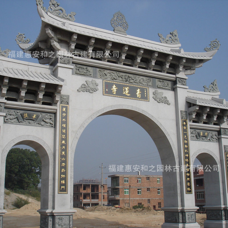 寺院石雕牌楼三间四柱石雕牌坊大理石门楼工艺细致石材可选