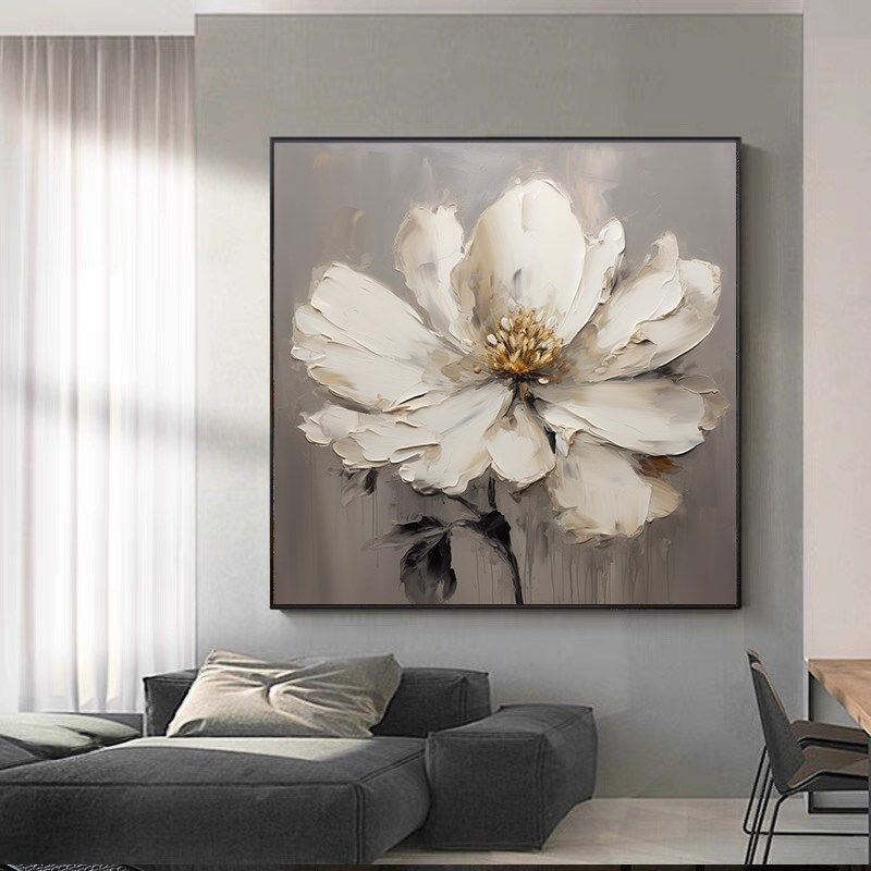 纯手绘装饰画白色花卉奶油风厚肌理立体浮雕挂画玄关客厅卧室壁画