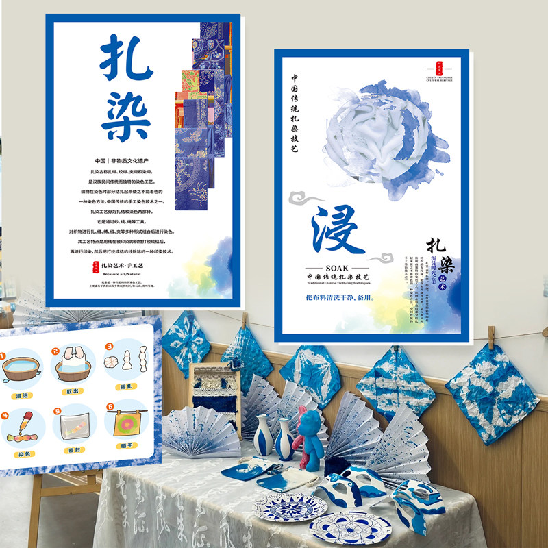 幼儿园手工扎染工艺六部曲画画印染立遗装饰挂成品非体文化主题墙