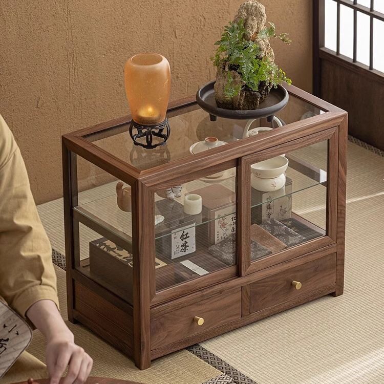 实木桌面置物柜储物柜透明玻璃文玩展示柜落地一体胡桃木收纳柜子