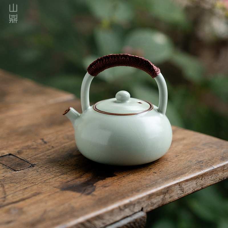 天青汝窑开片茶壶家用陶瓷泡茶壶中式高档瓷柄提梁壶编绳功夫单壶