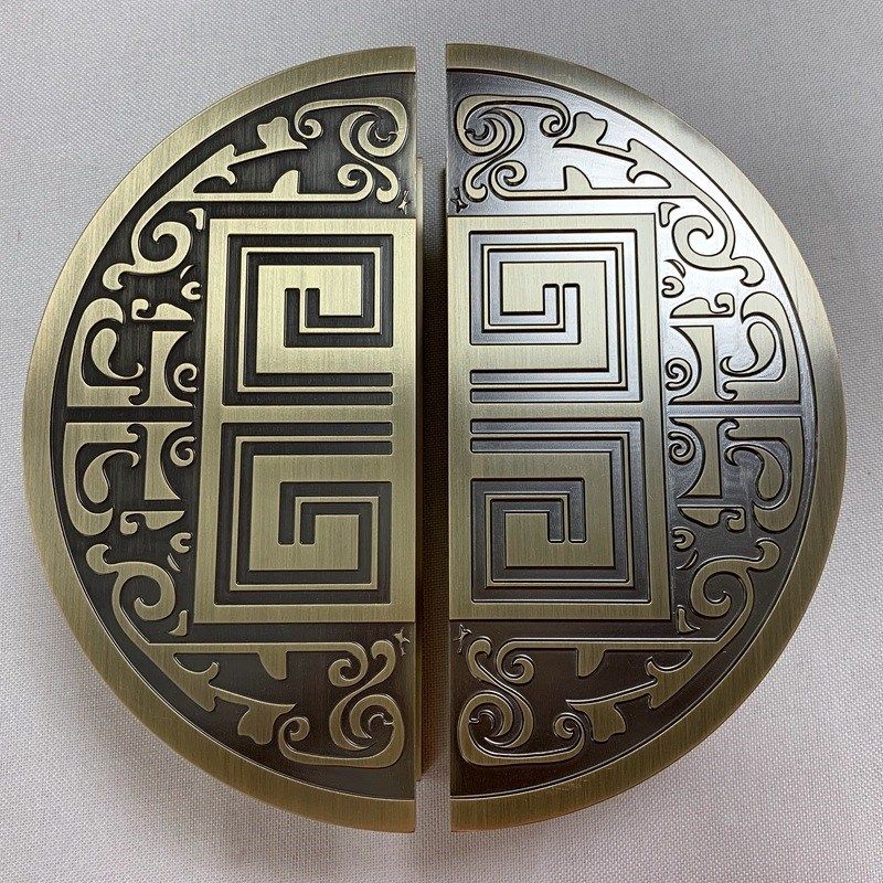 中式仿古玻璃门拉手祥云大门拉手古铜雕刻镂空半圆形X木门把手黑