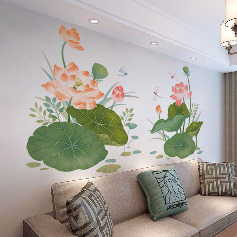 荷花自粘贴纸墙贴沙发背景墙装饰画墙纸卧室床墙温馨面墙头壁贴画