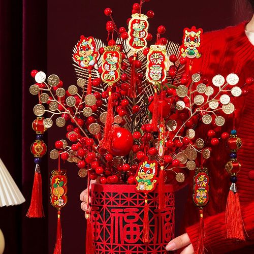 龙饰2024新年装年品福桶元旦树摆件过节场景挂件春年客厅氛围布置