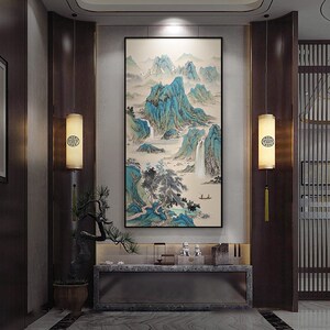 新背式玄关装饰画国风迎客过走廊松道挂画竖版大气山水中景墙壁画