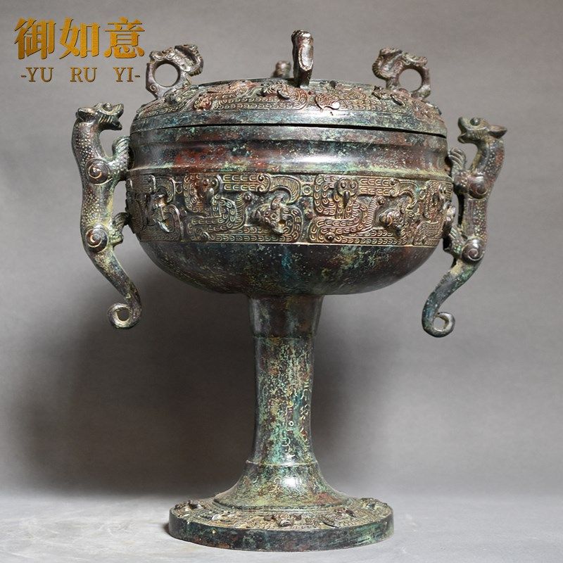 仿件青铜器春秋战国四虎豆鼎礼铜工艺品家居摆古办公庆典纯品展品