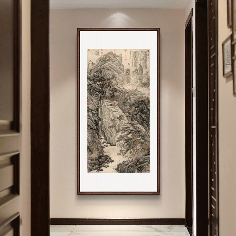 沈纸庐山高图玄关装饰画挂廊壁画竖幅山水画中式装修走画宣周版画