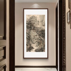 沈纸庐山高图玄关装饰画挂廊壁画竖幅山水画中式装修走画宣周版画