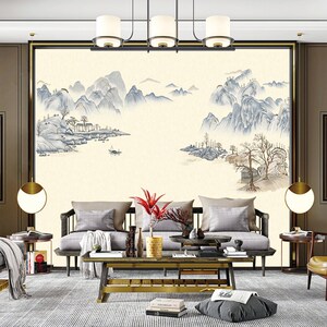 独中刺绣无缝壁布悠景山居图客厅电视沙发背然墙布新绣式