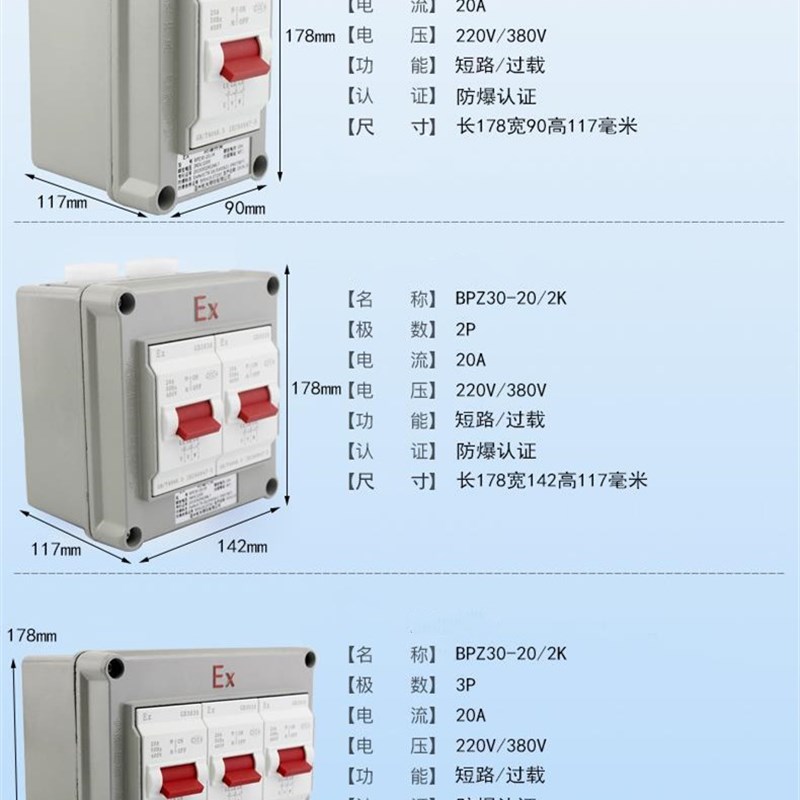 工业防爆开关断路器380V三相 220V 1P 2P 3P 防爆空开BPZ30-20/1K