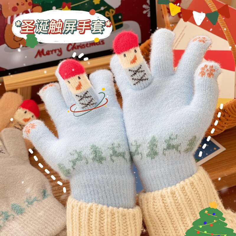 冬季保暖手套毛绒卡通可爱圣诞节雪人五指分指手套可触屏学生女生