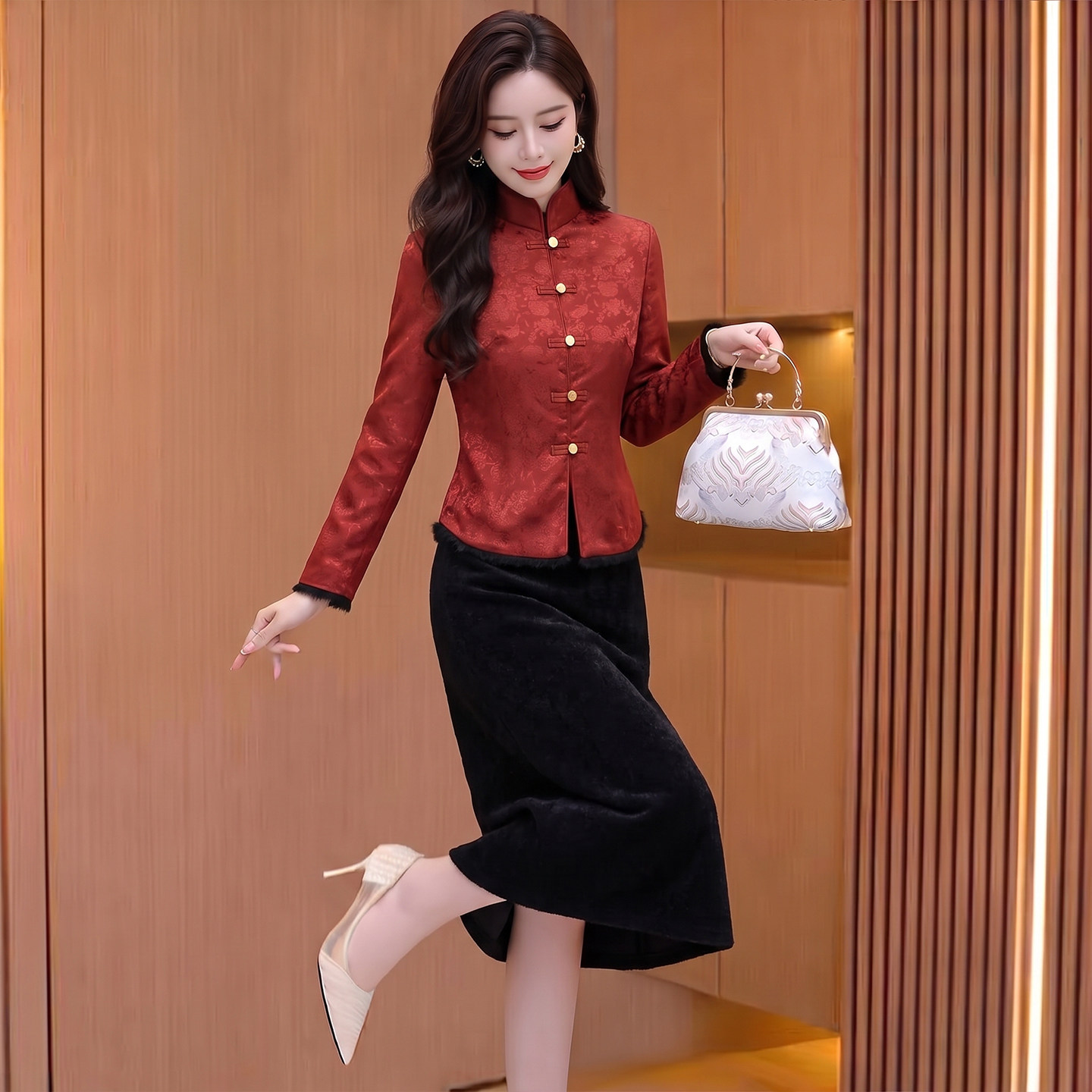 新中式国风红色旗袍套装女2026新款冬季唐装喜妈妈婚宴礼服连衣裙