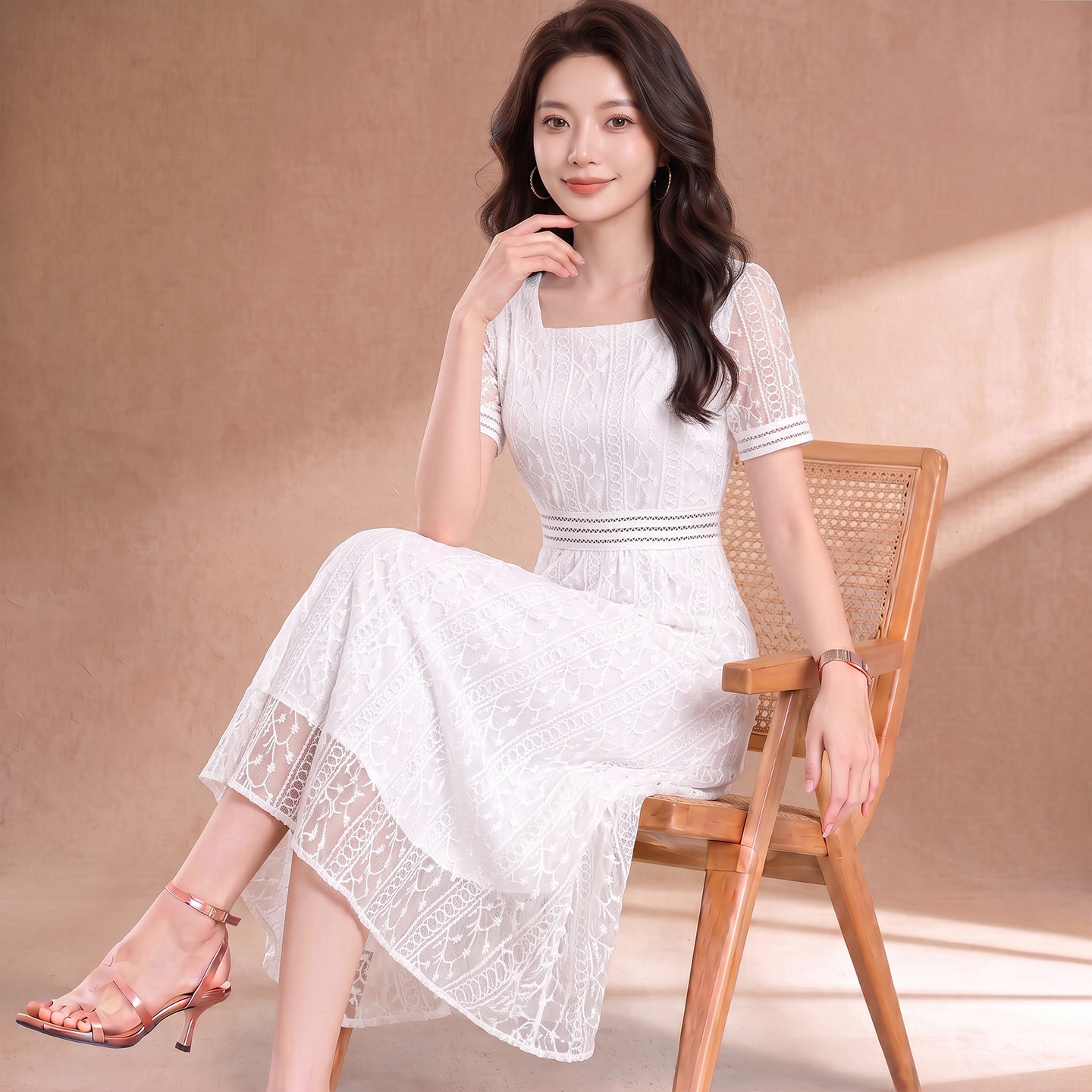 蕾丝雪纺冰丝白色连衣裙女2026新款夏季轻奢高级感气质小个子长裙