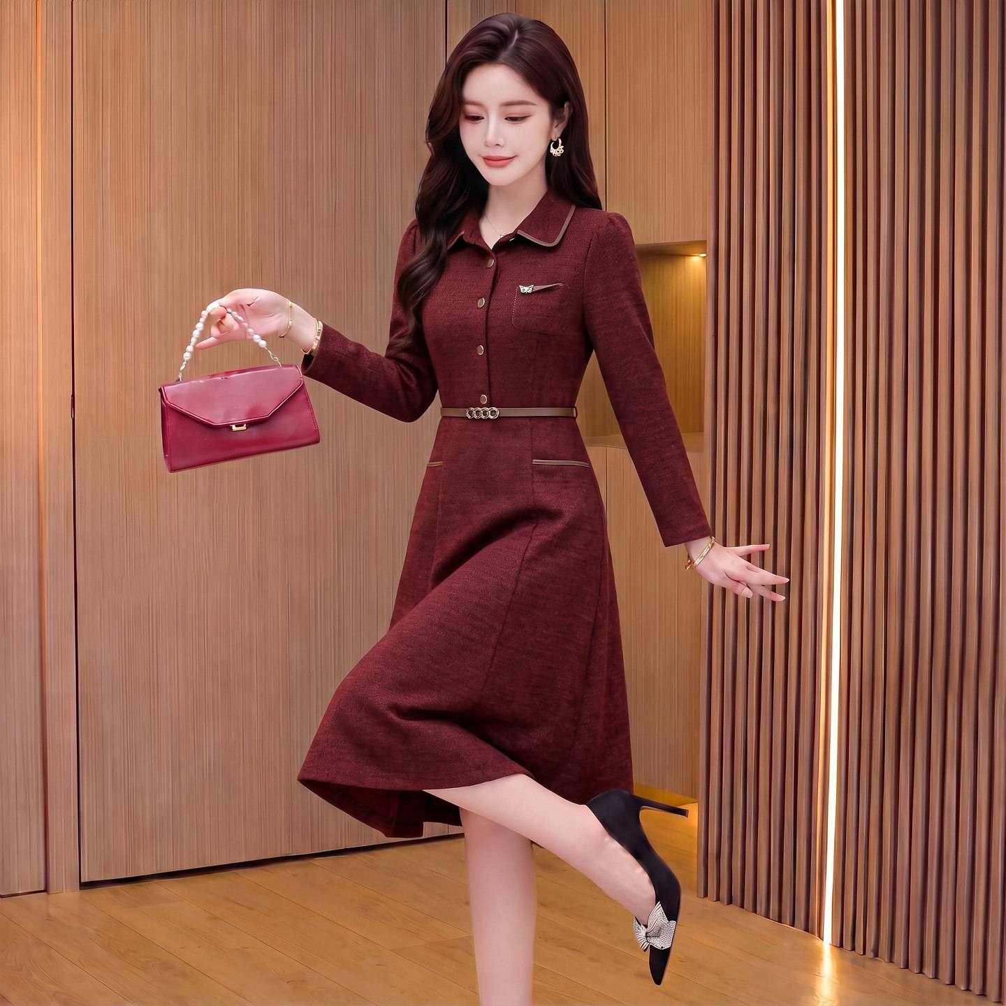 红色长袖连衣裙女2026新款秋冬季十三行小个子喜妈妈礼服平时可穿