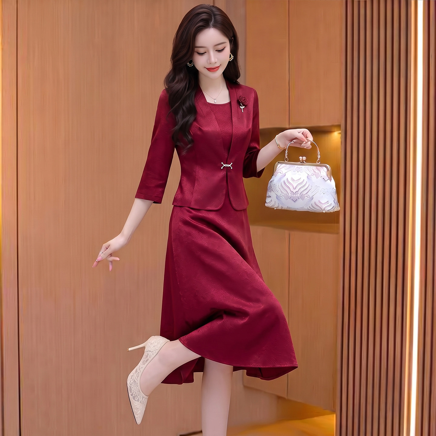 喜婆婆婚宴西装套装连衣裙女2026新款秋喜妈妈礼服高端轻奢高级感