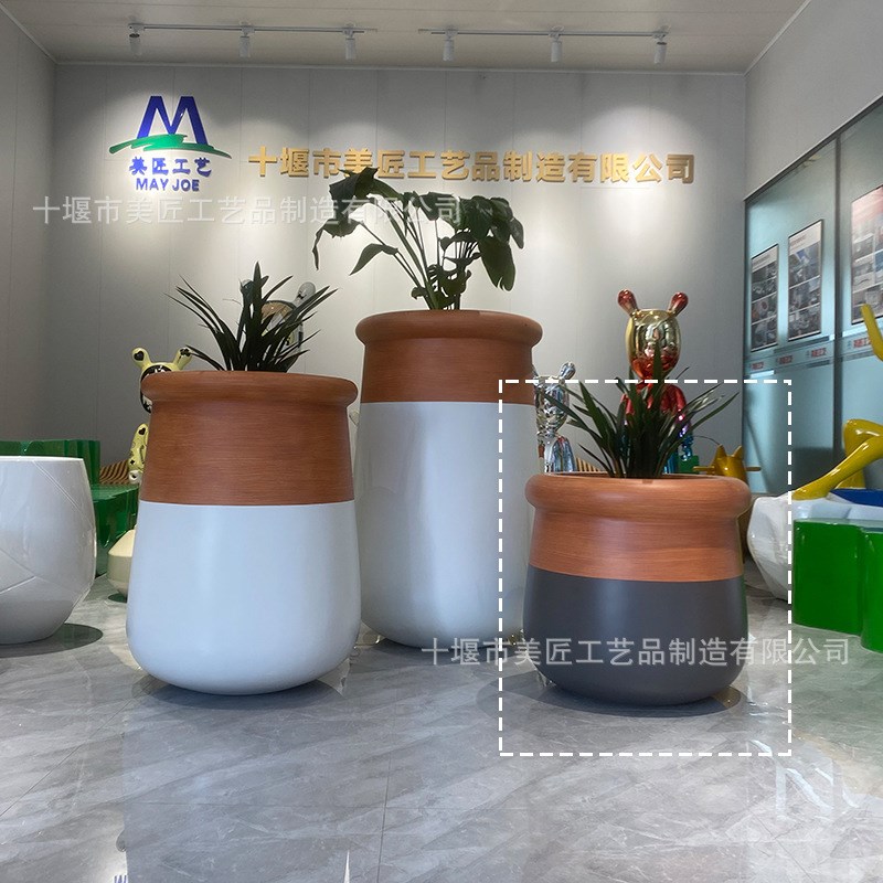 玻璃钢木纹花盆椭圆实木花钵广场绿植种植池商场户外Y花器木色花