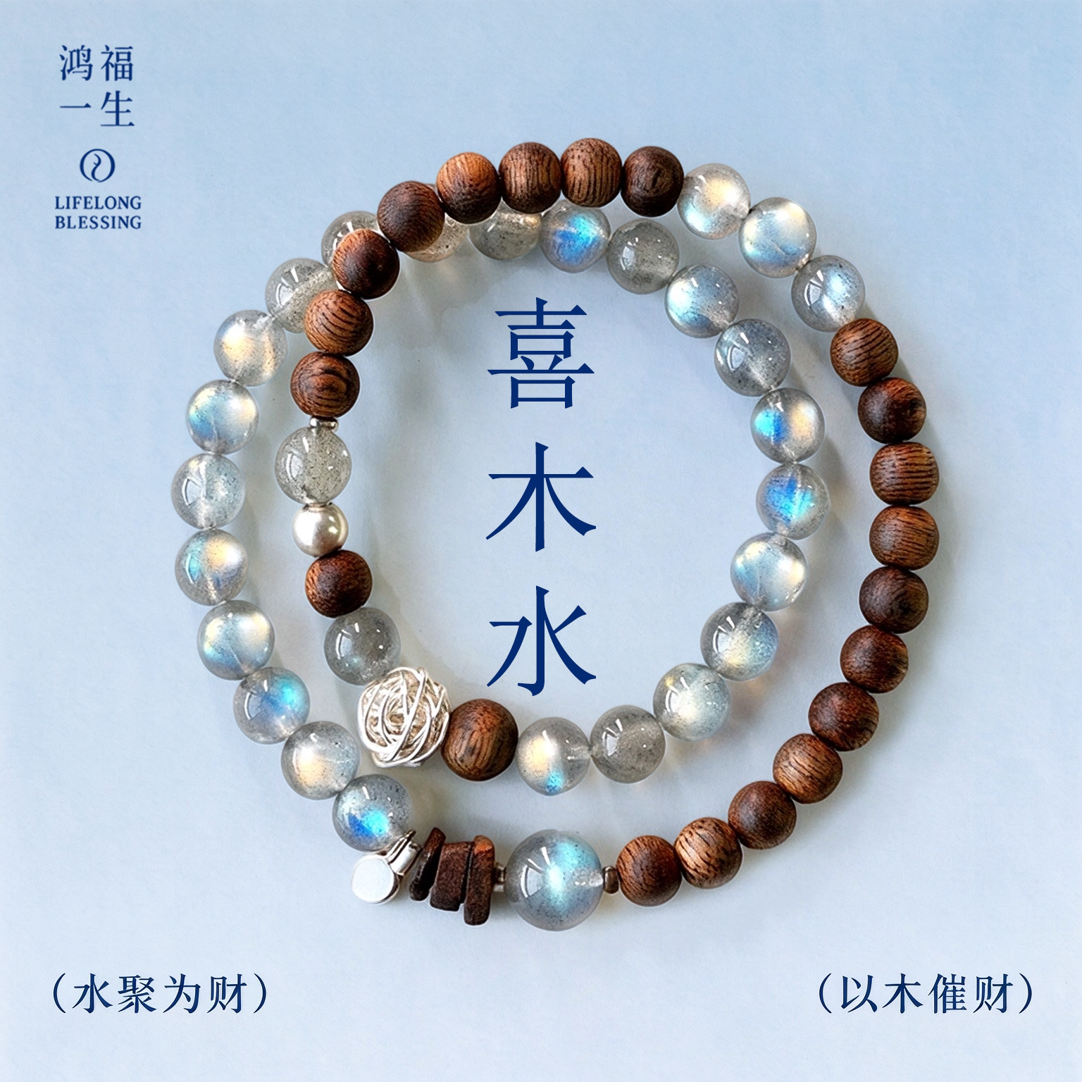 鸿福一生补水木手串天然灰月光沉香s925银双圈手链女招财转运礼物