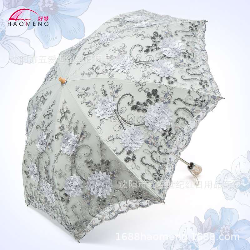 蕾丝伞刺绣太阳伞公主伞二三折叠清新晴雨两用防晒遮阳伞厂家