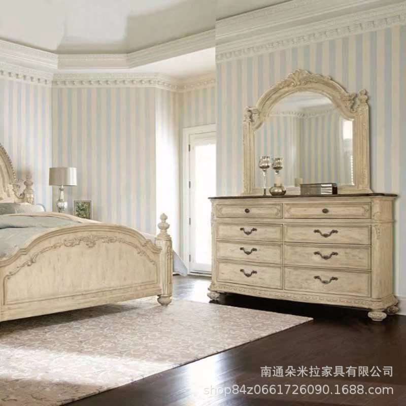 美式乡村复古做旧带镜梳妆台高端别墅实木橡木雕花卧室储存柜