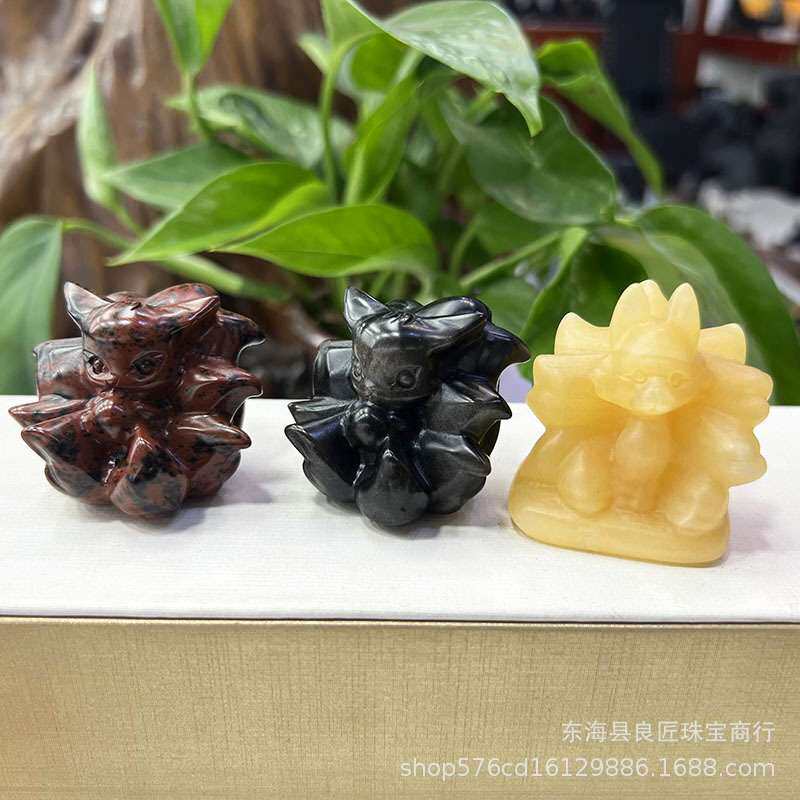 现货 天然原石雕刻件九尾狐天然水晶手工制作家居装饰摆件