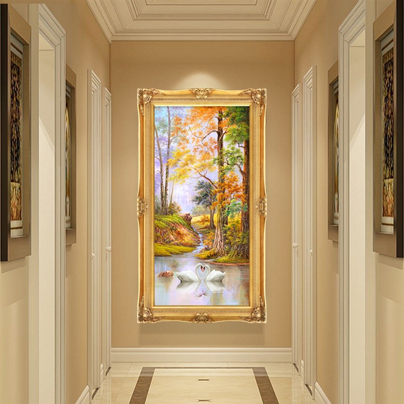 天鹅玄关装饰画简欧客厅别墅酒店挂画H楼梯风景壁画欧式高端油画