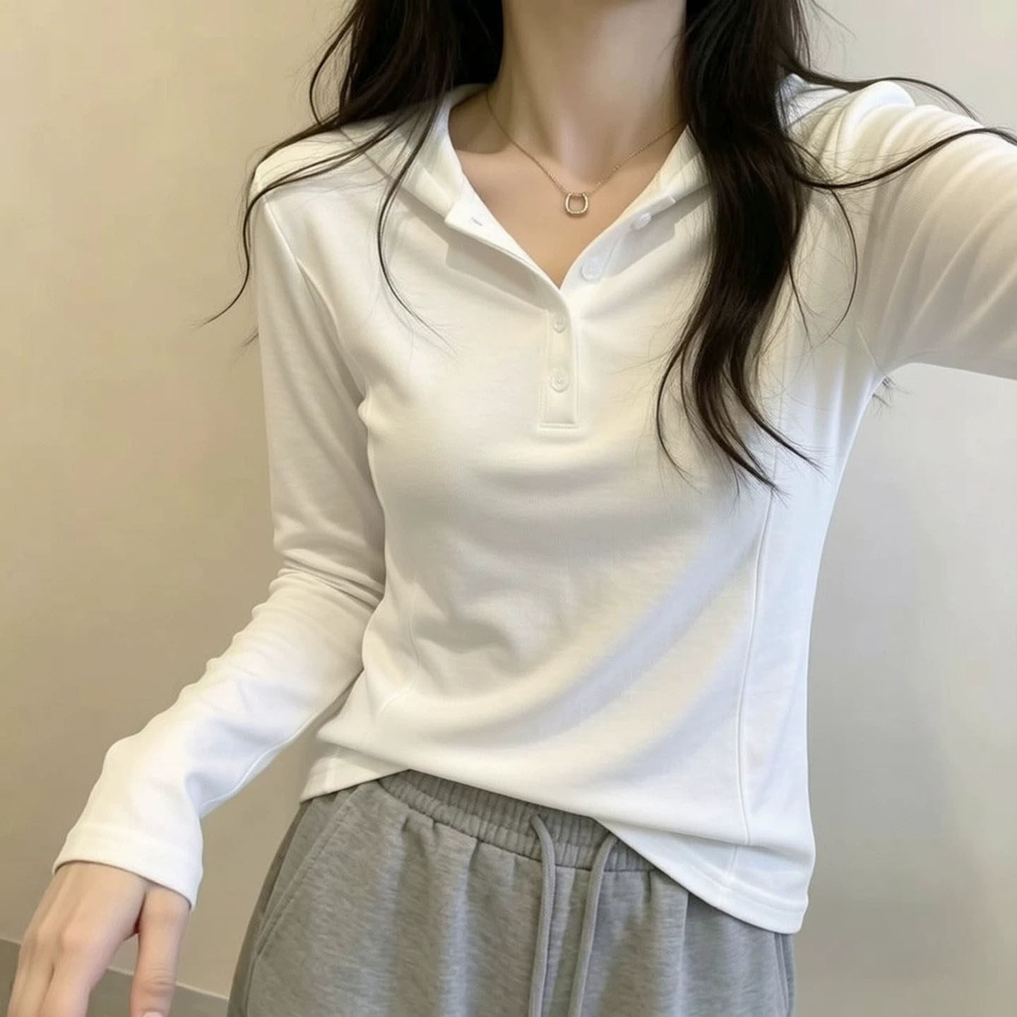 纯棉连帽上衣女装春秋薄款半钮扣亨利领鱼骨长袖t恤显瘦卫衣韩系