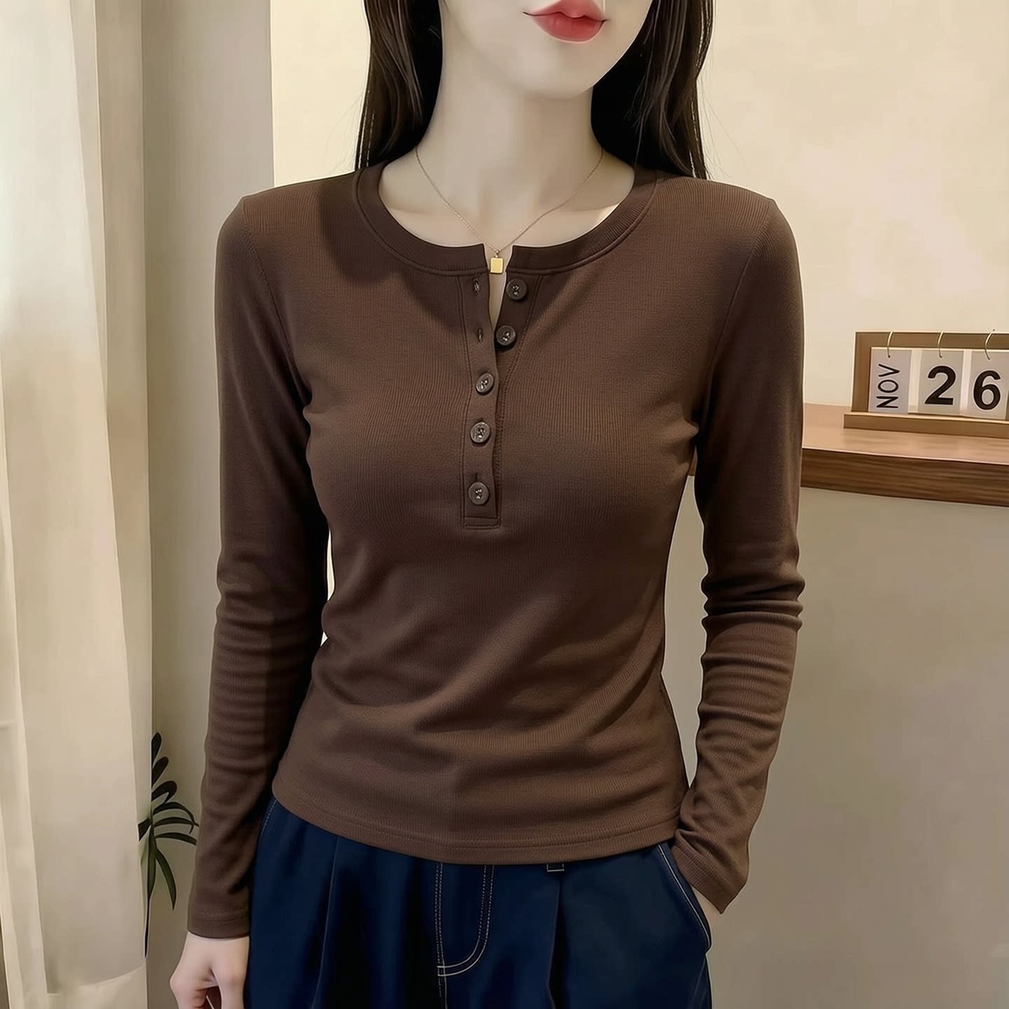 美式享利领美拉德薄绒打底衫女内搭秋冬长袖t恤小衫修身显瘦上衣