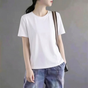 纯棉全棉丝光棉鱼骨圆领短袖白色t恤女装夏衣服上衣体恤网红潮牌