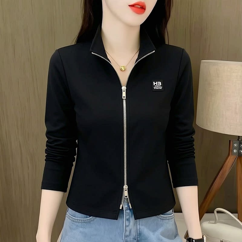 纯棉长袖拉链开衫短款外套女2026新款春秋薄款休闲运动上衣棒球服图片