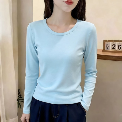 韩系U领雪花罗纹长袖t恤女秋装打底衫小个子上衣内搭高级感可外穿